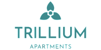 Logo for Trillium Apartments featuring teal text and a stylized three-petal trillium flower symbol above the word "Trillium." The word "Apartments" appears below in smaller capital letters.