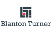 Blanton Turner logo featuring a modern, geometric monogram with navy blue block shapes forming the letters "B" and "T" around a red square, above the company name &ldquo;Blanton Turner&rdquo; in bold, serif font.