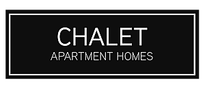 Logo for Chalet Apartment Homes with white text on a black background inside a thin white border.