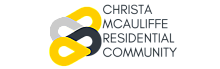 Modern logo of Christa McAuliffe Residential Community featuring intertwined abstract shapes in yellow, grey, and black.