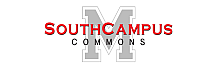 Elegant South Campus Commons logo featuring a bold letter M, symbolizing modern university living.