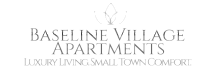 Elegant logo for Baseline Village Apartments highlighting luxury living and small town comfort with a sleek floral motif.