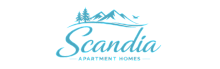 Elegant Scandia Apartment Homes logo with mountain and tree design, exuding tranquility and nature-inspired living.