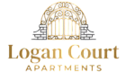 Elegant logo for Logan Court Apartments featuring a sophisticated gold gate design.