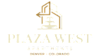 Elegant Plaza West Apartments logo with modern architectural design, located in Denver, Colorado.