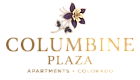 Elegant logo for Columbine Plaza Apartments in Colorado, featuring a stylized purple and beige flower design.