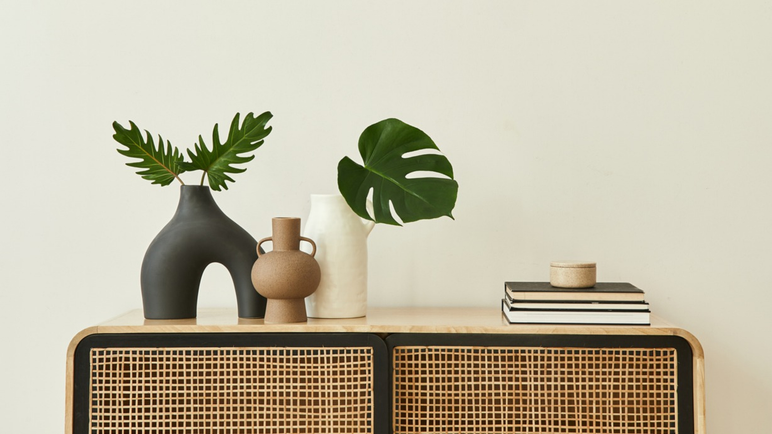 Contemporary vases with green leaves on a stylish wicker console.