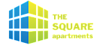 Logo of The Square Apartments featuring a modern, cube-shaped design in blue and green.
