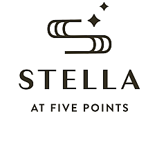 Chic and modern Stella at Five Points logo featuring stylish typography and sparkling stars.
