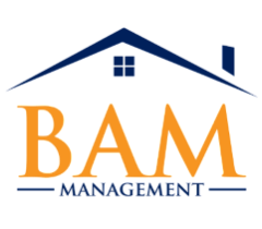 BAM Management logo featuring a stylized house roof design with bold orange and blue lettering.
