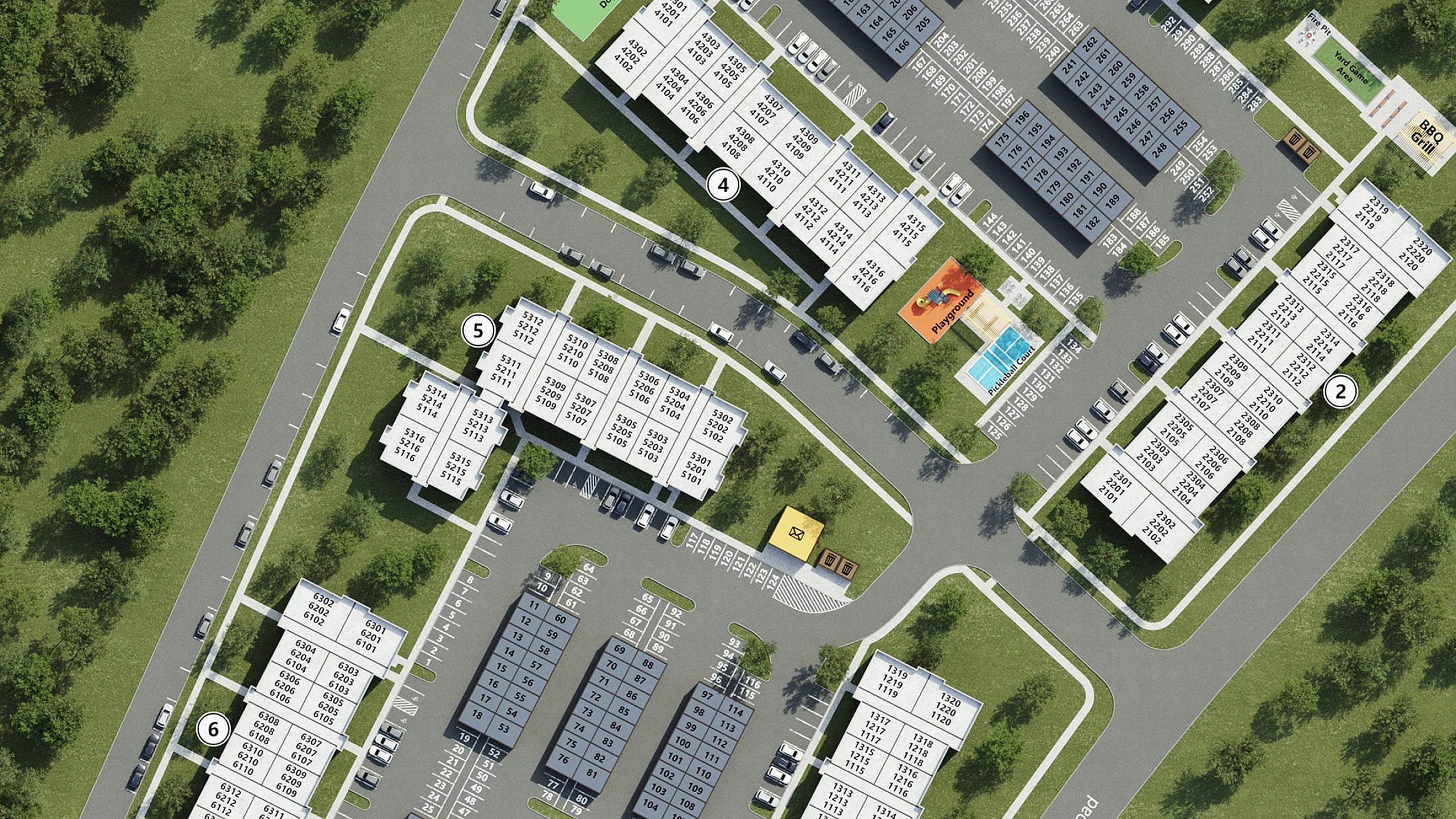 Beautifully detailed site map showcasing a modern apartment complex with multiple residential buildings, vibrant outdoor pool, sports courts, and ample parking surrounded by lush greenery.