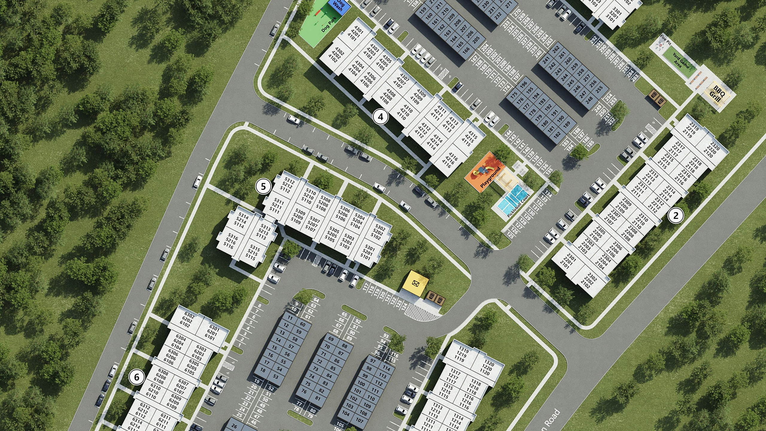 Aerial view of modern apartment complex master plan featuring multiple buildings, landscaped green spaces, and a central pool area, situated along a tree-lined road.