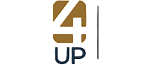 Modern logo design featuring a stylized letter 'A' with bold, geometric shapes in gold and white, accompanied by the text 'UP'.
