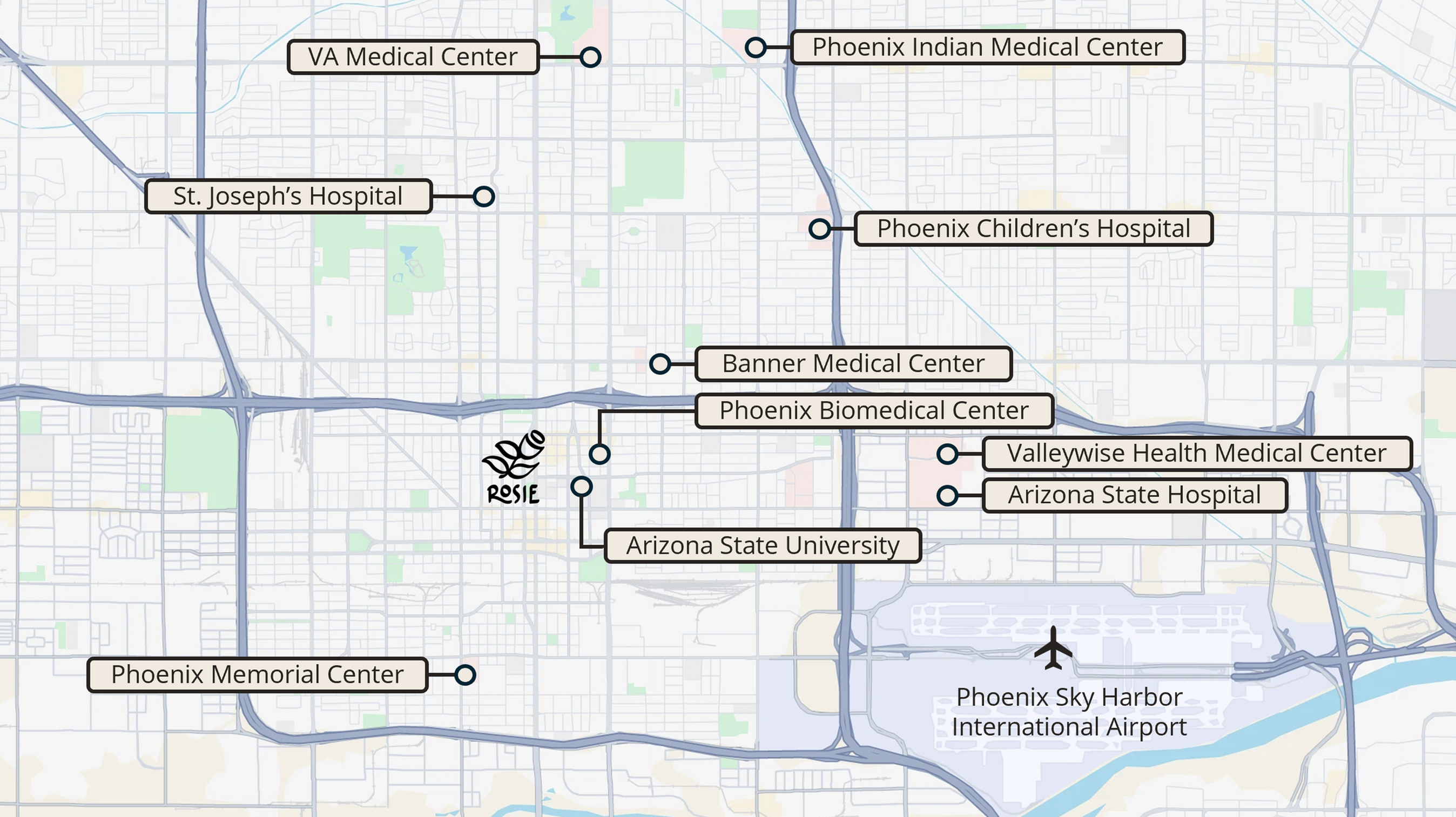 Map showing Rosie Phoenix and nearby education and healthcare locations