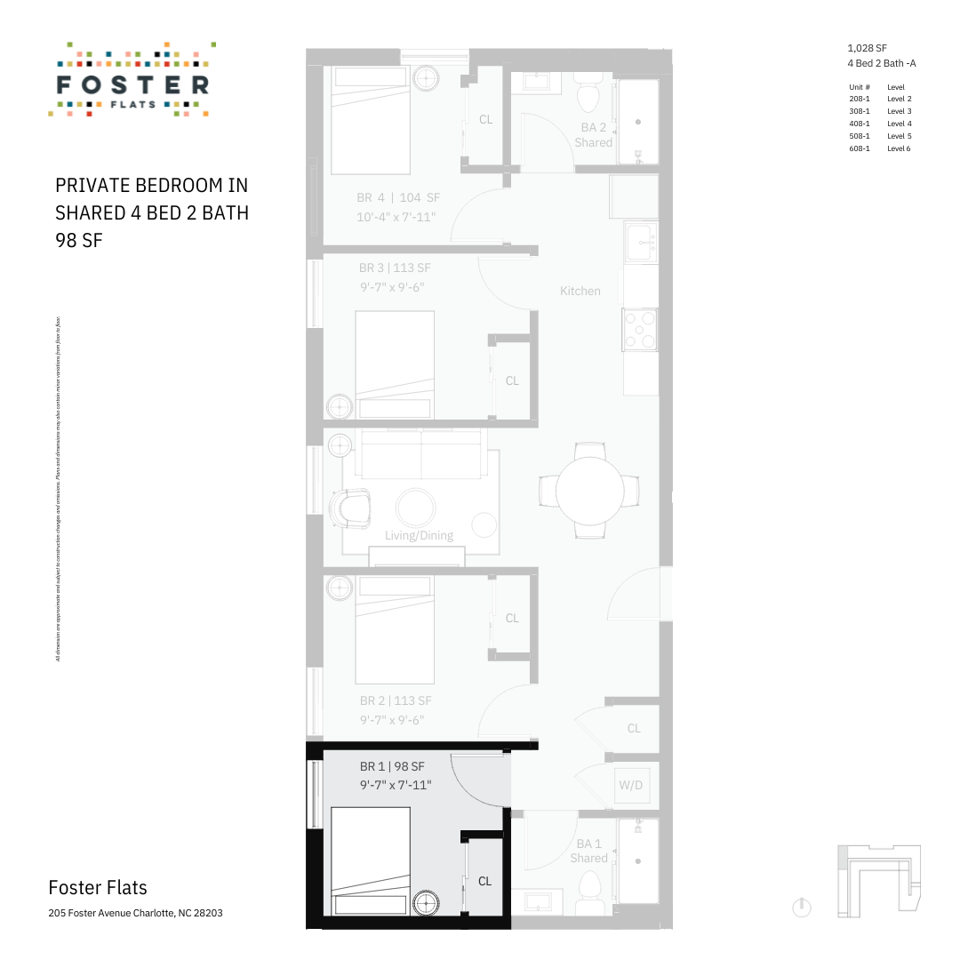 Co Living Single Furnished Room in 4 Bed 2 Bath 4, 2, 985 Floor Plan