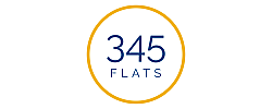 Modern logo of 345 Flats featuring bold blue text encircled by a sleek yellow ring.