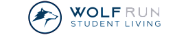 Modern logo for Wolf Run Student Living featuring a stylized wolf head and sleek typography.
