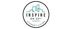 Inspire on 22nd logo featuring modern cityscape graphic with text promoting student living.