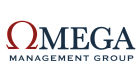 Omega Management Group logo featuring a bold, stylized Greek letter Omega in red, paired with elegant blue text for a professional look.