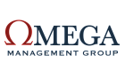 Omega Management Group logo featuring a stylized omega symbol in red, complemented by elegant blue text.