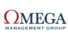 Omega Management Group logo featuring a bold, stylish design with a prominent red Omega symbol and navy text.