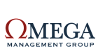 Logo of Omega Management Groupwith red and blue design elements.