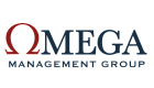 Omega Management Group logo featuring a bold, red omega symbol and elegant typography.