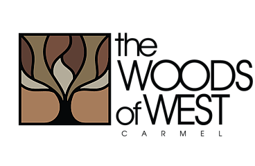 Elegant logo for The Woods of West Carmel, featuring a stylized tree design in earthy tones.