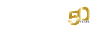 Elegant Barrett & Stokely 50th anniversary logo with a sleek gold and white design.