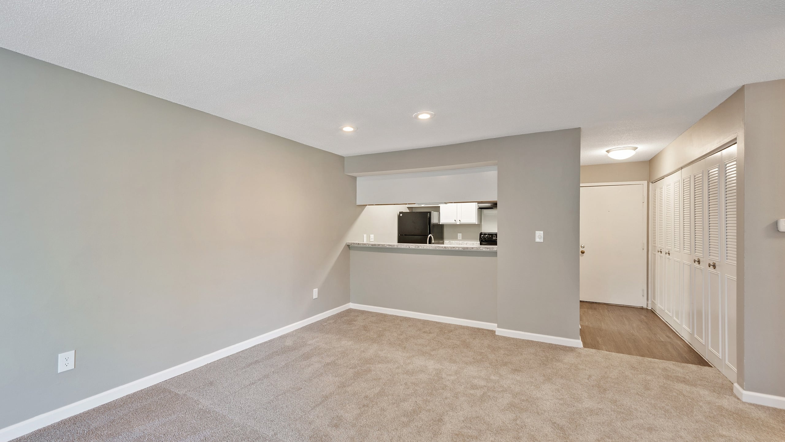 Bright, open-concept living area with modern design, featuring plush carpet, recessed lighting, and a passthrough to the kitchen in a stylish apartment.