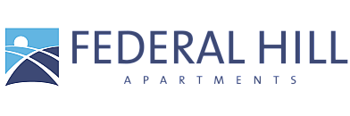 Federal Hill Apartments logo featuring a stylized blue landscape with rising sun.