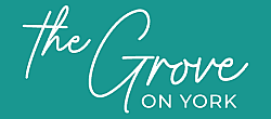 Modern logo for The Grove on York showcasing elegant script against a vibrant teal background.