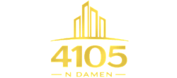 Elegant gold logo design for 4105 N Damen, featuring stylish skyscraper outlines and modern typography.