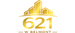Luxurious golden emblem for 621 W Belmont with sleek skyscrapers on a reflective black background.