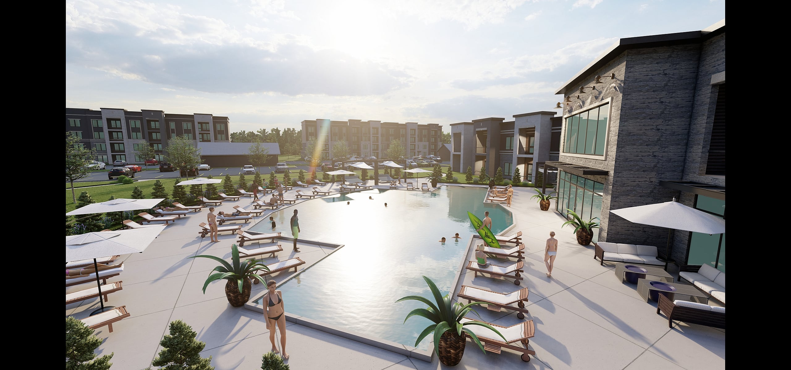 Luxurious apartment complex pool area with modern lounge chairs, vibrant greenery, and people enjoying a sunny day.
