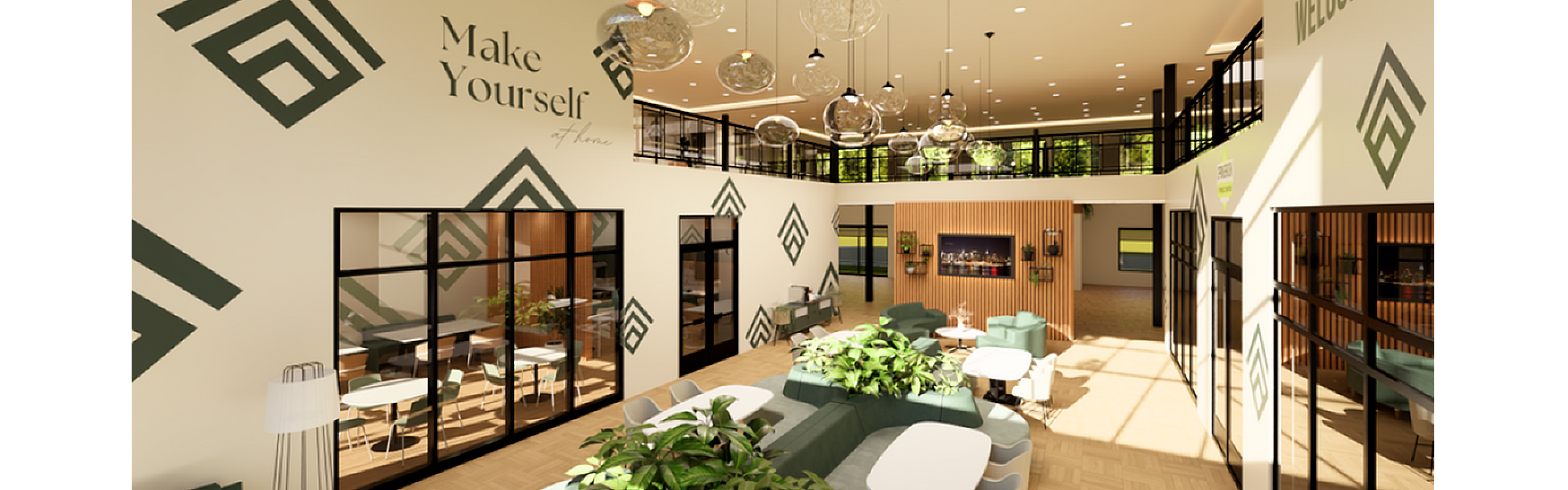 Elegant communal living area with modern decor, lush greenery, and abundant natural light, inviting you to 'Make Yourself at Home'.