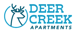 Modern logo for Deer Creek Apartments featuring a sleek blue deer silhouette.