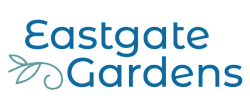 Elegant Eastgate Gardens logo with stylish typography and leaf design, conveying a sense of natural beauty and modern living.