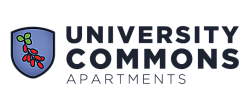 Modern University Commons Apartments logo featuring a sleek shield design with vibrant leaves and berries.