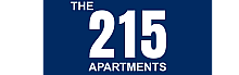 Sleek logo of The 215 Apartments on a deep blue background, highlighting modern living.