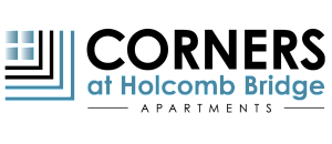 Modern logo design for 'at Holcomb Bridge' featuring sleek blue lines and a window motif, emphasizing stylish living and elegance.
