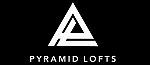 Modern logo design featuring a stylish white triangle symbol for Pyramid Lofts, set against a sleek black background.
