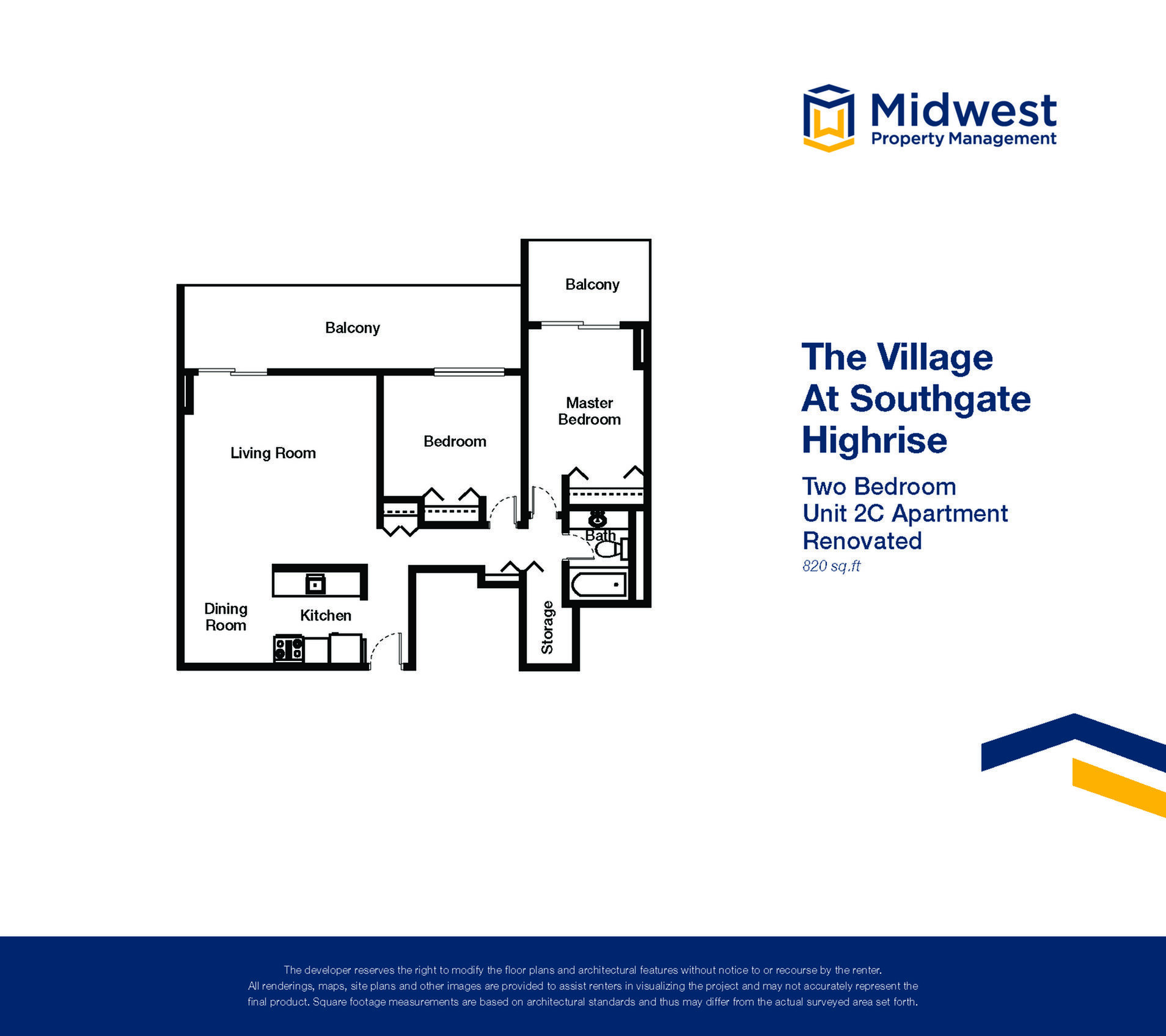 Floor plan layout diagram for 2 Bedroom Small Highrise Renovated