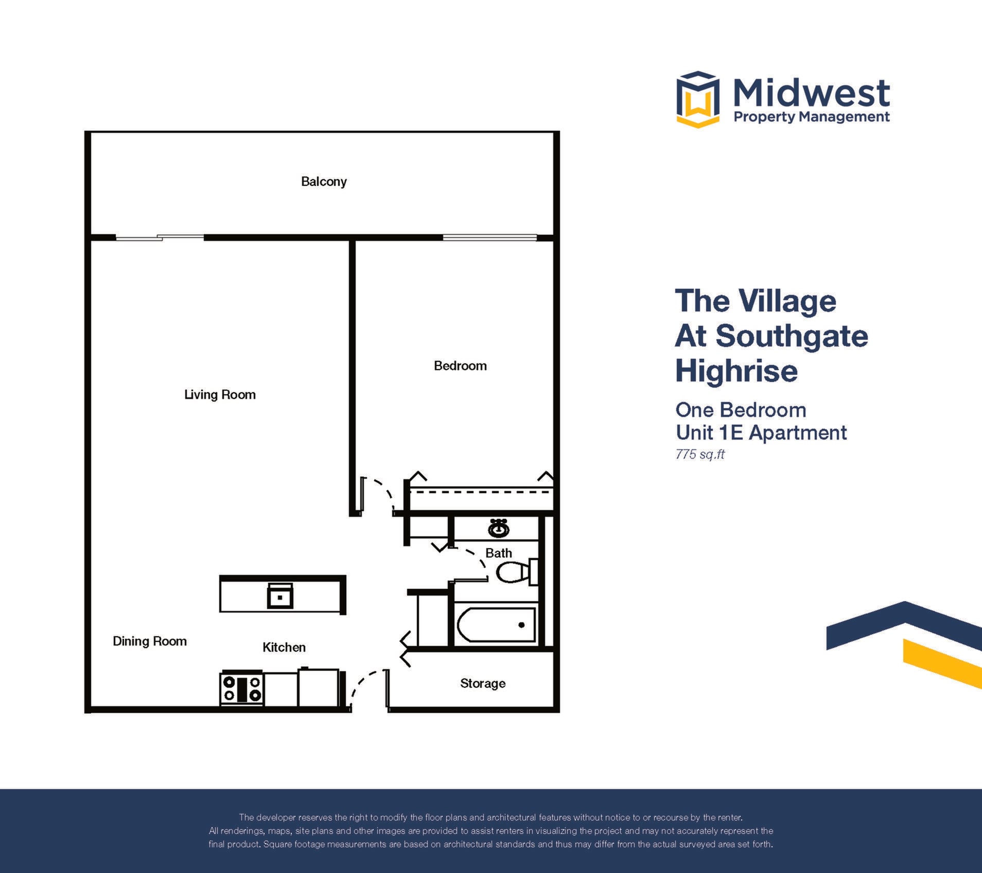 Floor plan layout diagram for 1 Bedroom Large Highrise