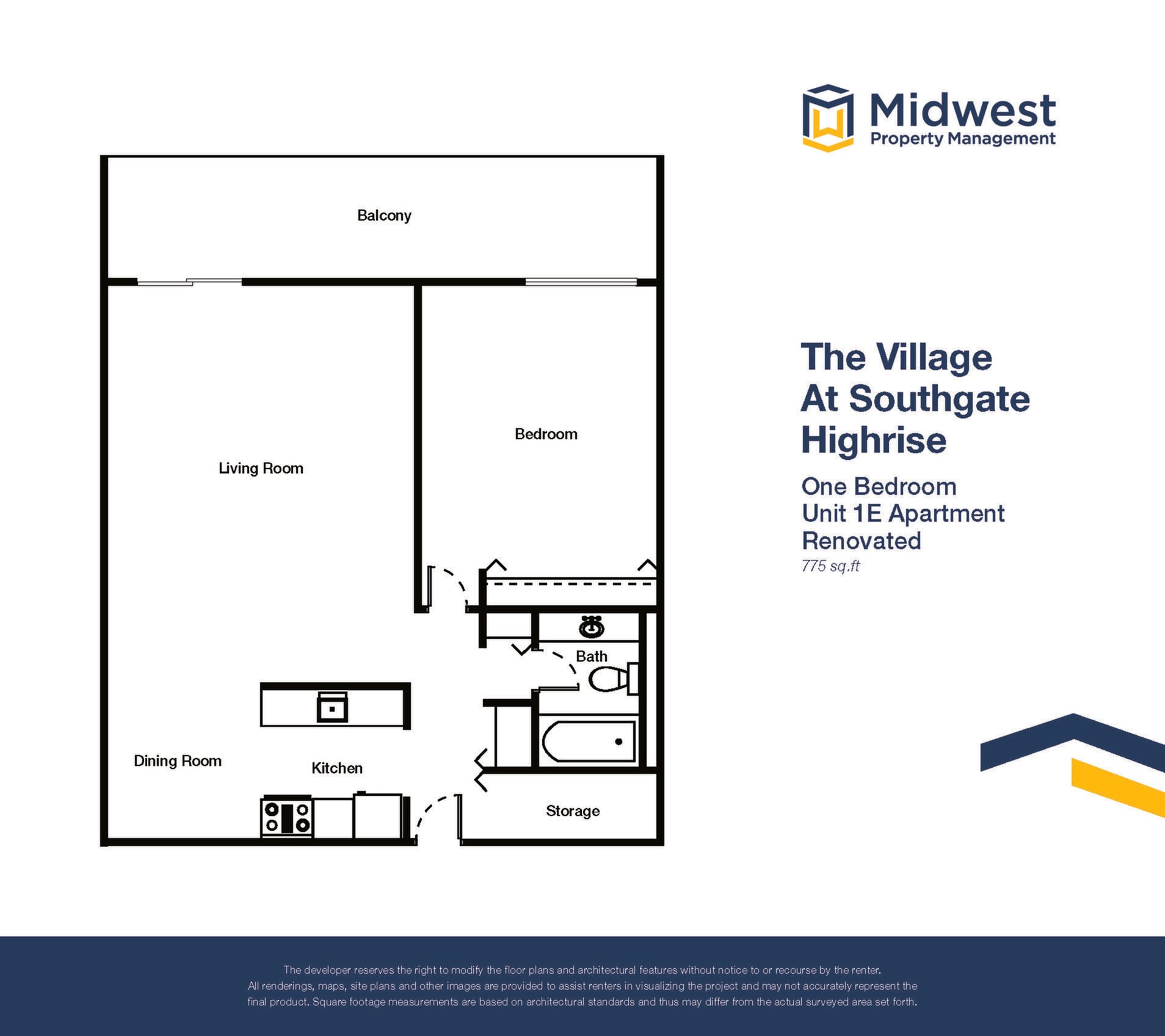 Floor plan layout diagram for 1 Bedroom Large Highrise Renovated