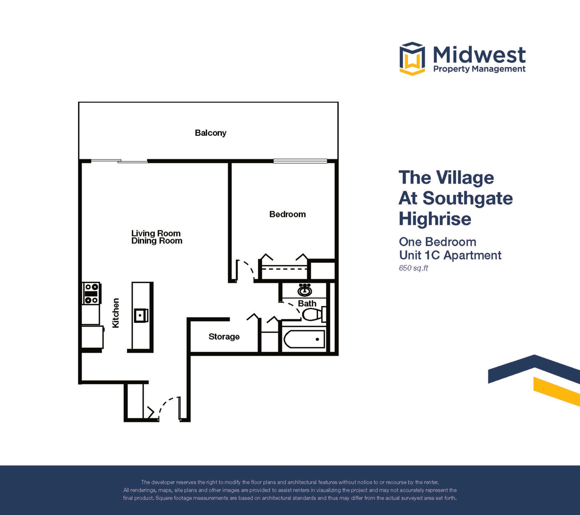 Floor plan layout diagram for 1 Bedroom Small Highrise