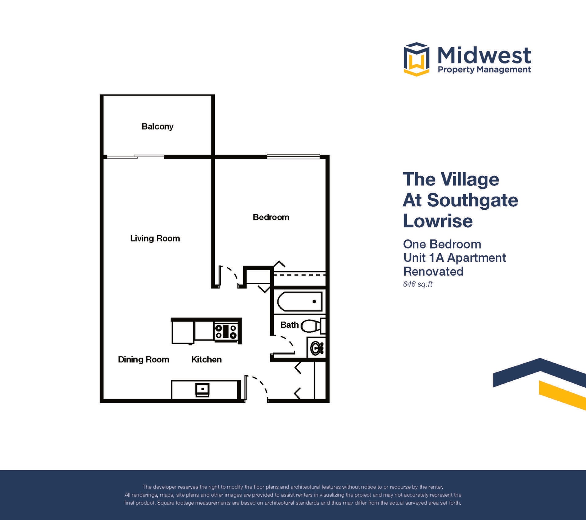 Floor plan layout diagram for 1 Bedroom Small Lowrise Renovated