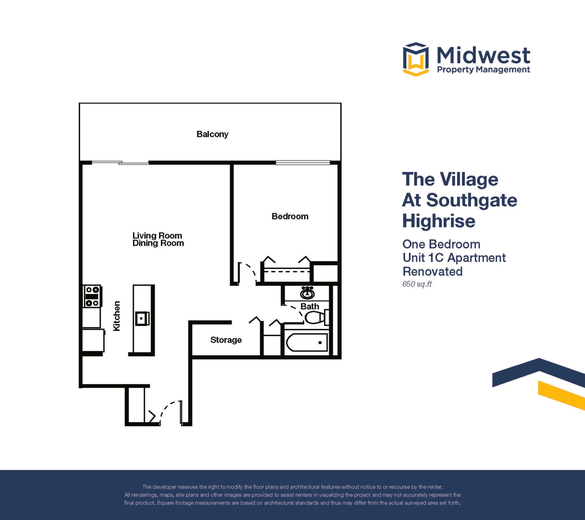 Floor plan layout diagram for 1 Bedroom Small Highrise Renovated