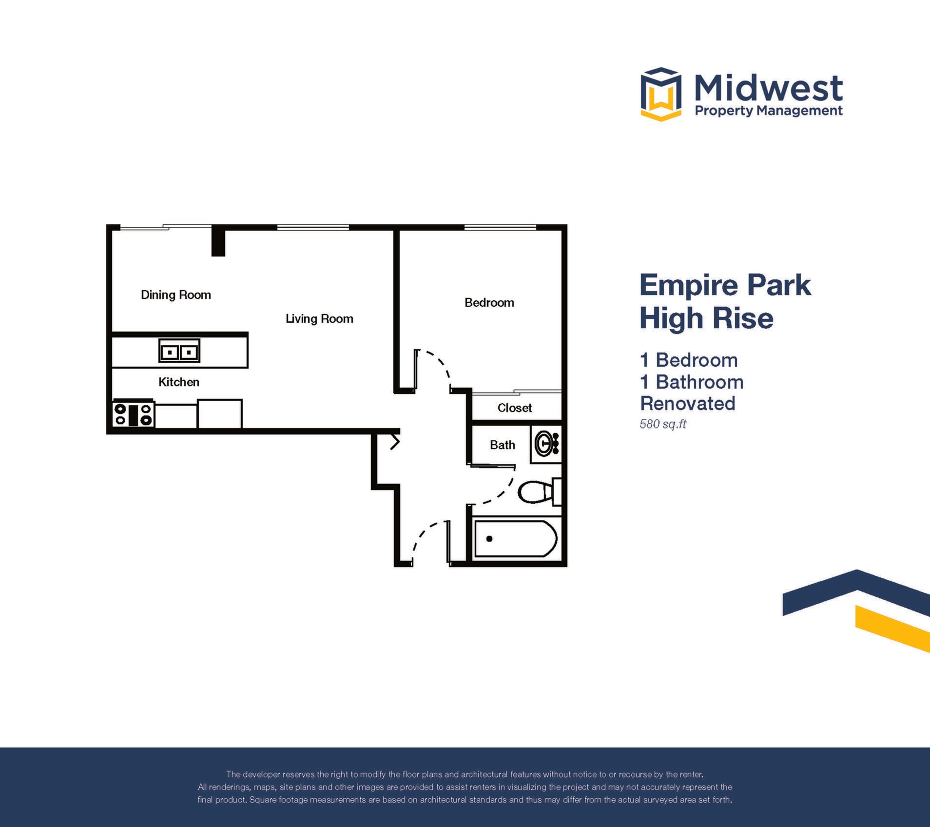 Floor plan layout diagram for 1 Bedroom High Rise - No Balcony Renovated