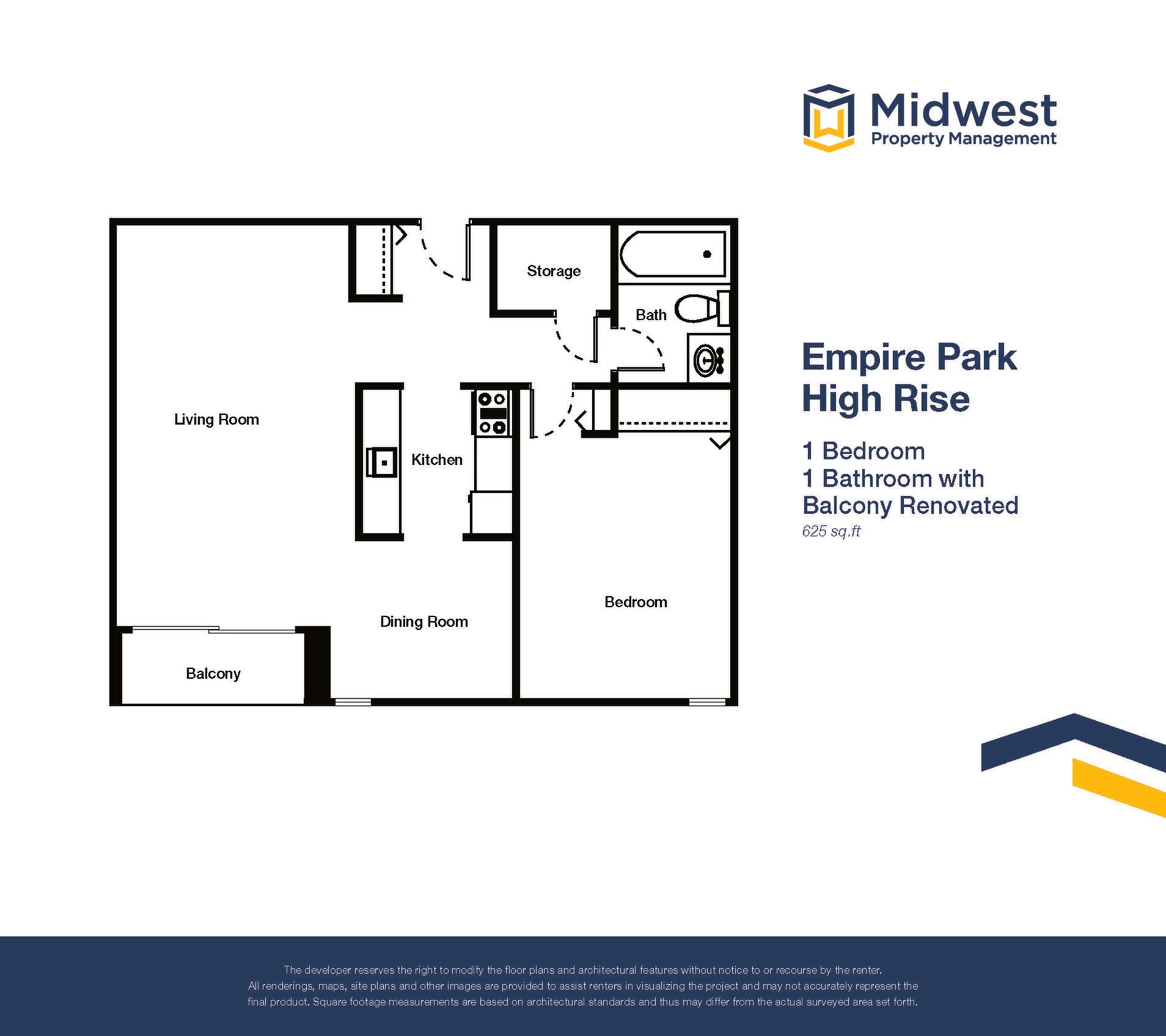 Floor plan layout diagram for 1 Bedroom High Rise - Renovated